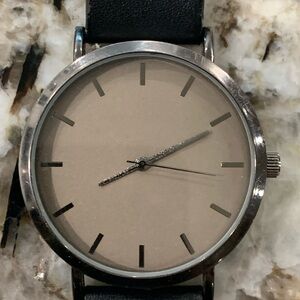 Men’s Watch,  Gray Face,  Silver Toned Bezel, Black Imitation Leather Band-Works